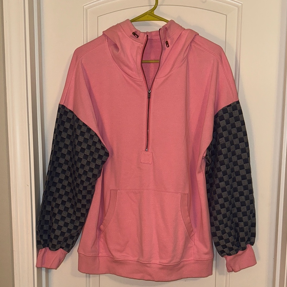 Pink Hooded Half-Zip Sweater with Checkered Sleeves